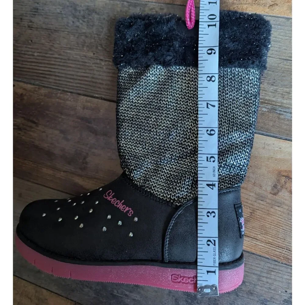 Skechers Girls Black Winter Boots w/ Rhinestones & Faux Fur, Size 4